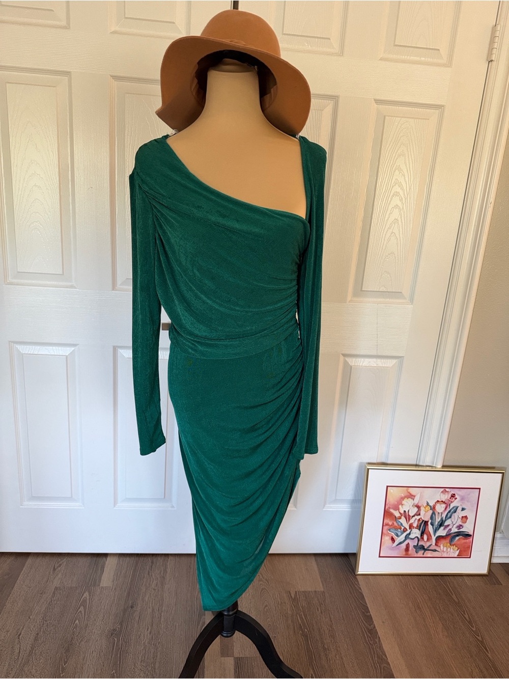 Green front asymmetrical Ruched Women's Dress slinky tropical
